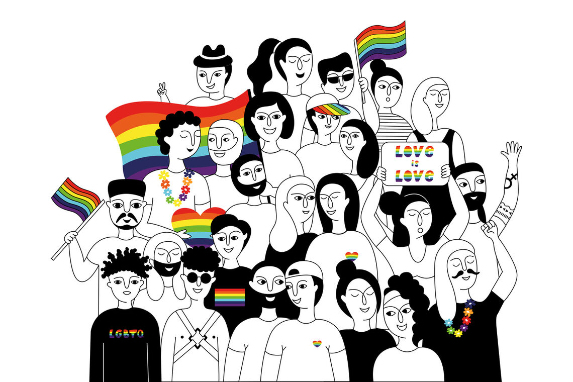 A vector drawing of a group of people participating in a Pride parade.
