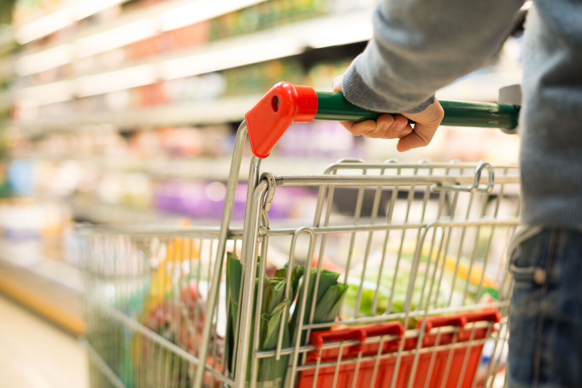 Hands pushing shopping cart in grocery store