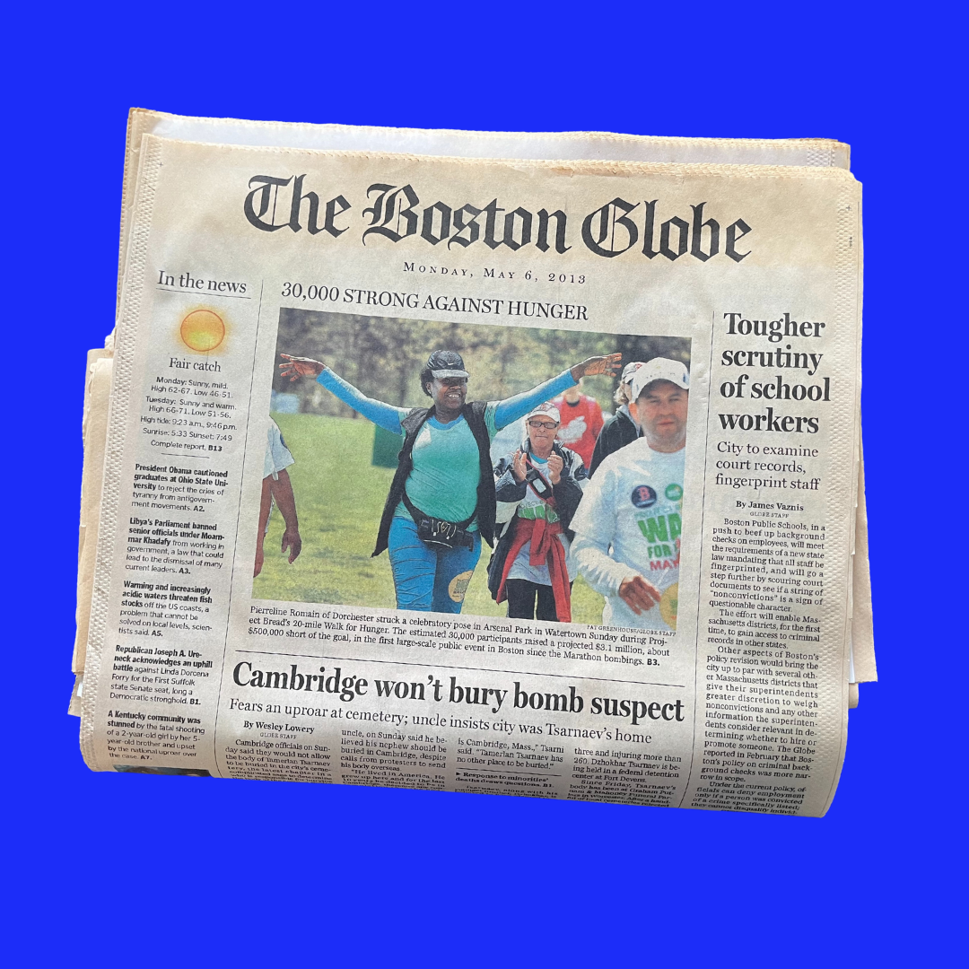 Front page of the Boston Globe from 2013 featuring article about The Walk for Hunger